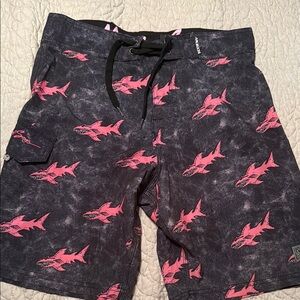 Maui and Sons Black and Pink Shark Print Board Shorts